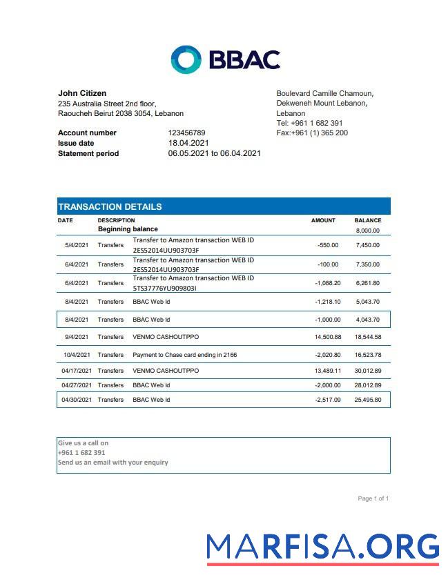 Downloadable Lebanon BBAC bank statement excel example